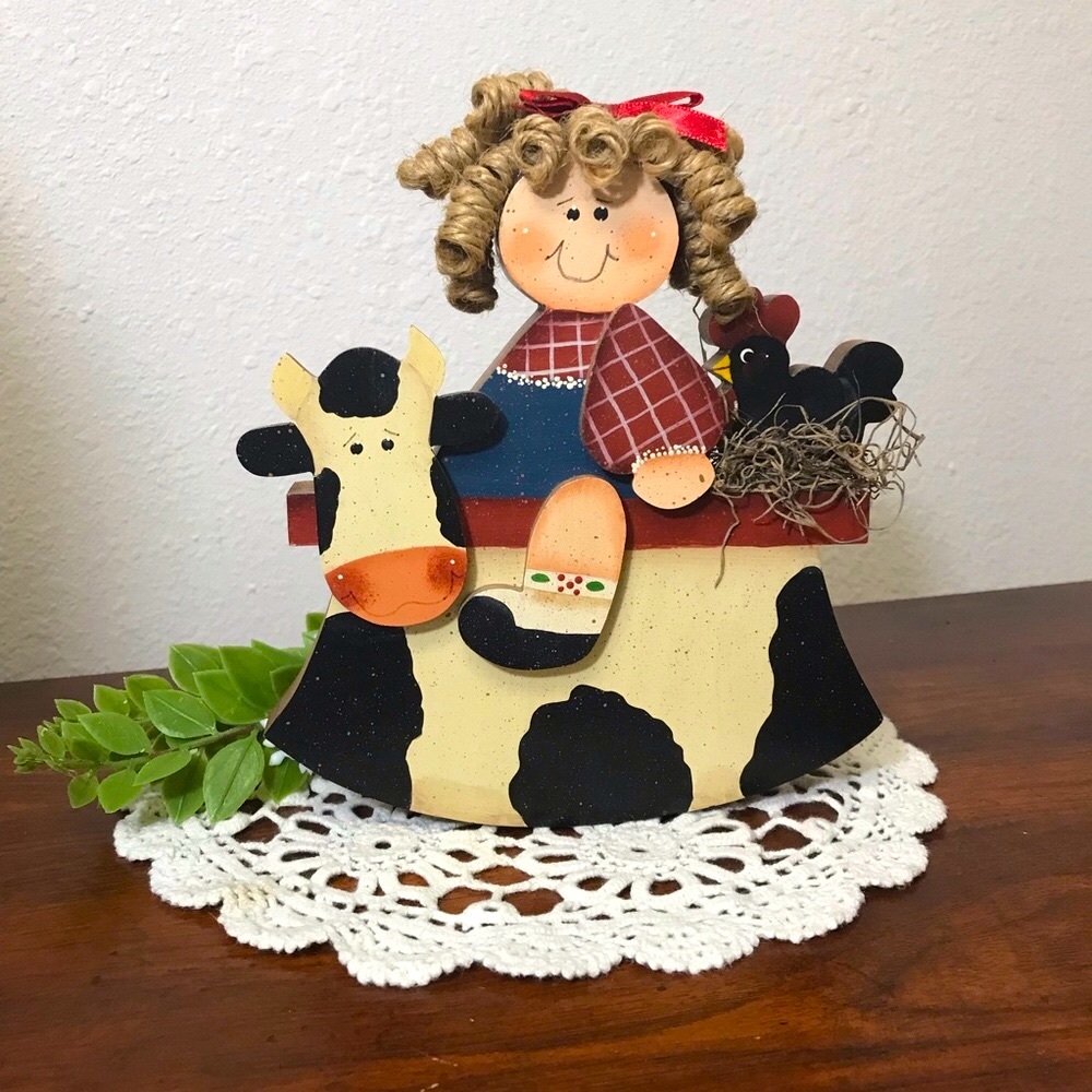 Farmhouse rocking cow Curly haired girl Rooster Wooden shelf sitter Handmade 7x6